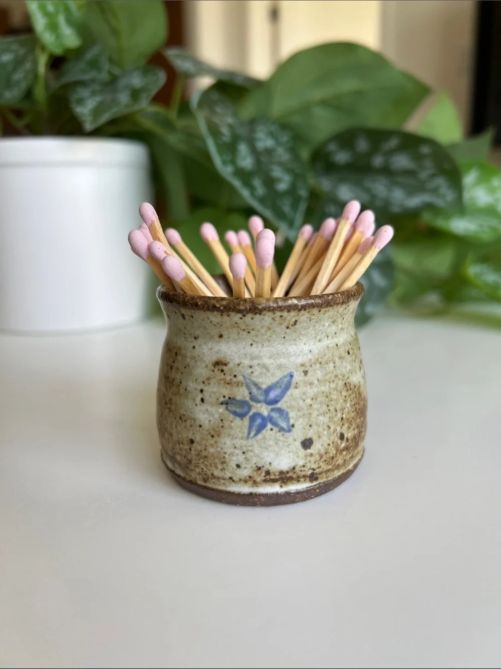 Small Mini Handmade Pottery Vase Match Holder Vintage